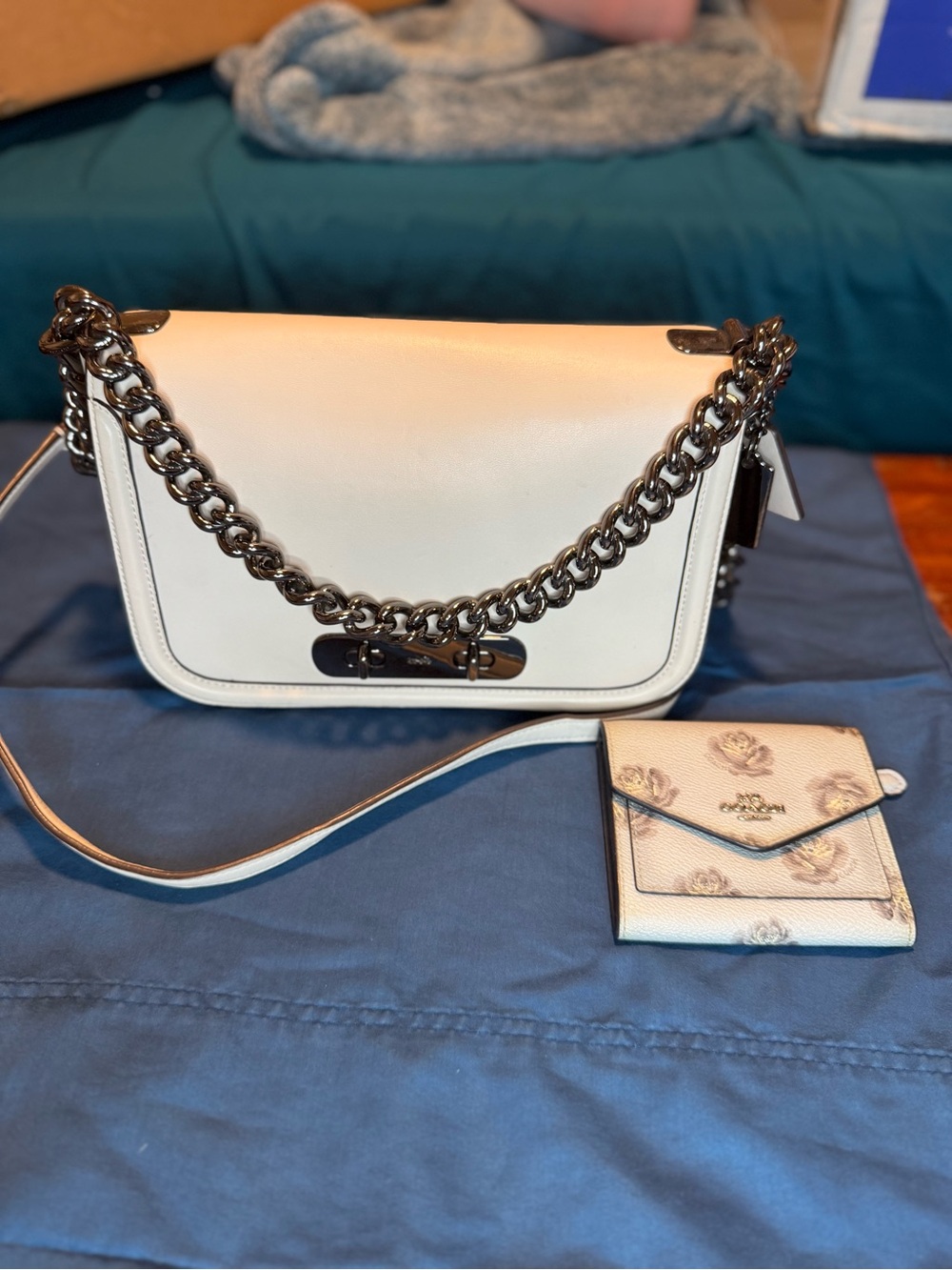 Coach Cream Leather Shoulder Bag with Silver Chain